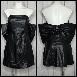 Miou Muse Black Faux Leather Strapless Bow Back Mini Dress 80s Glam, sz Medium